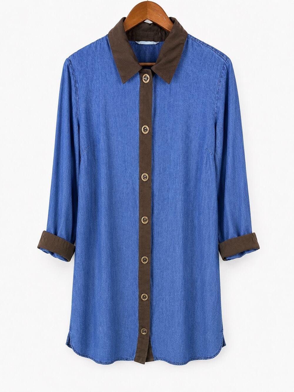 Soft Surroundings XL Tencel Lyocell Blue Shirt Dress Brown Trim Button Front